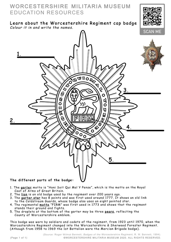 The Worcestershire Regiment cap badge. Learning activity.