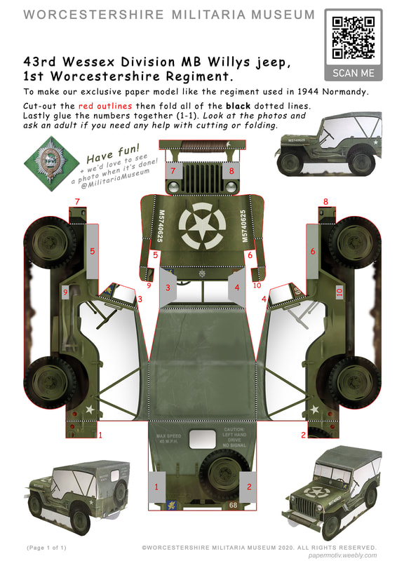 WW2 WIllys jeep paper template model. Worcestershire Regiment