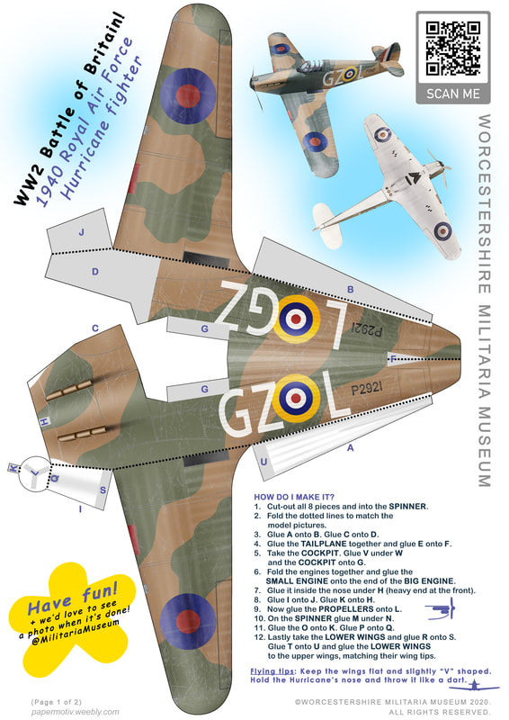 WW2 Hurricane fighter plane paper template flying model. P2921.